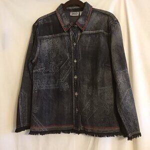 CHICO's Black VTG Wash, Stamped Embroidered Fringed Denim Jacket SZ 2 MED 10/12